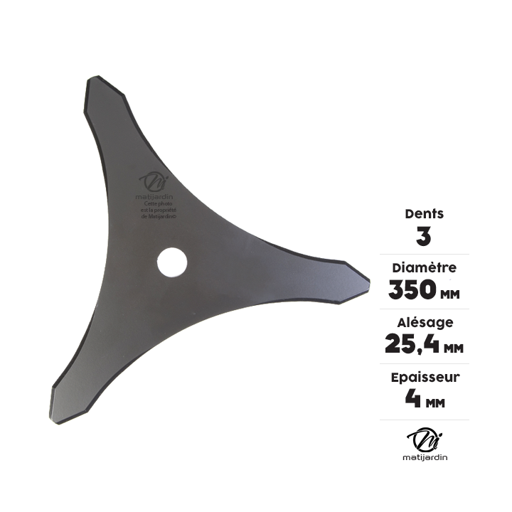 Lame 3 dents débroussailleuse. Ø 350 mm. Alésage 25,4 mm. Epaisseur 4 mm