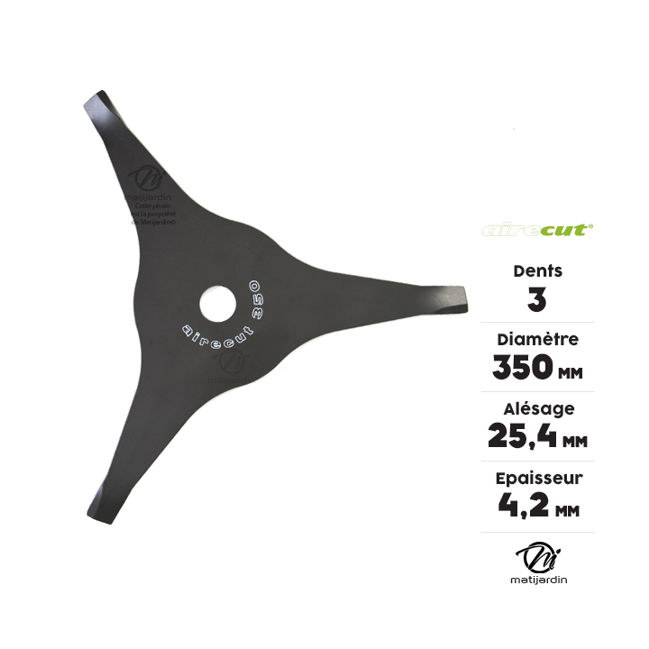 Lame débroussailleuse 3 dents Aire Cut. Ø  350 mm. Alésage 25,4 mm. Epaisseur 4,2 mm