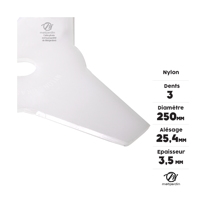 Lame nylon 3 dents débroussailleuse. Ø 250 mm. Alésage 25,4 mm. Epaisseur 3,5 mm