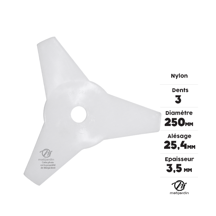 Lame nylon 3 dents débroussailleuse. Ø 250 mm. Alésage 25,4 mm. Epaisseur 3,5 mm