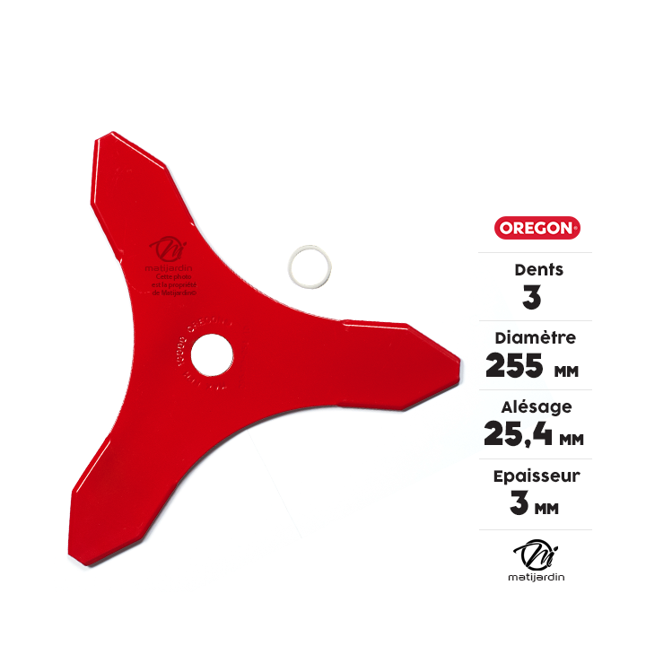 Lame débroussailleuse 3 dents Oregon. Ø 255 mm. Alésage 25,4 mm. Epaisseur 3 mm. One for All.