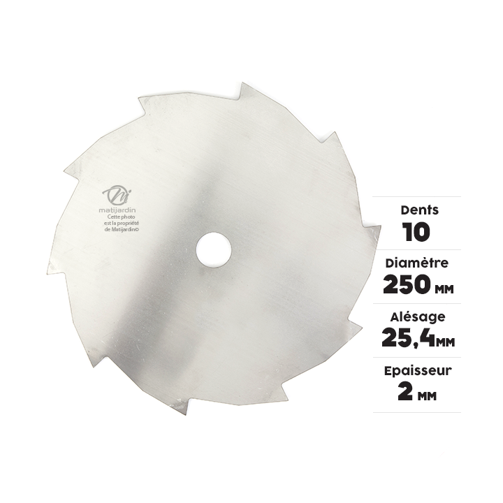 Lame disque 10 dents débroussailleuse. Ø 250 mm. Alésage 25,4 mm. Epaisseur 2 mm