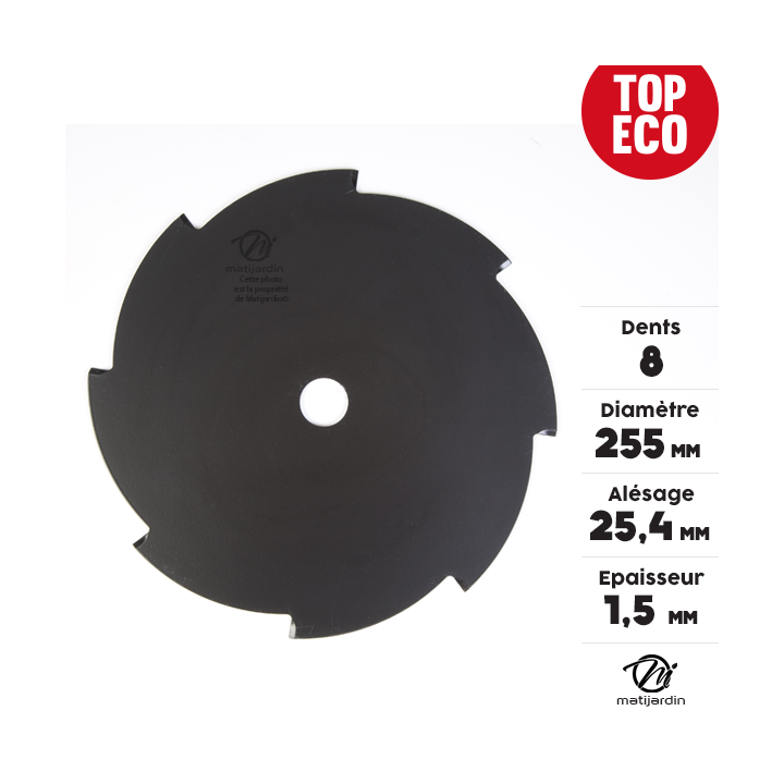 Lame disque 8 dents débroussailleuse. Ø 255 mm. Alésage 25,4 mm. Epaisseur 1,5 mm