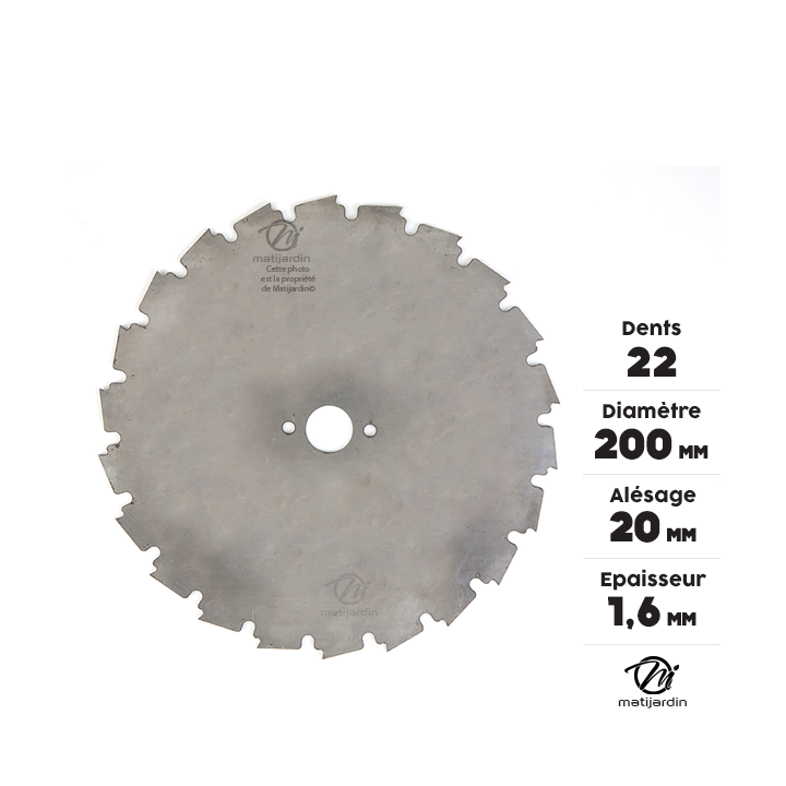 Lame disque 22 dents débroussailleuse. Gouges dentés. Ø 200 mm. Alésage 20 mm. Epaisseur 1,6 mm