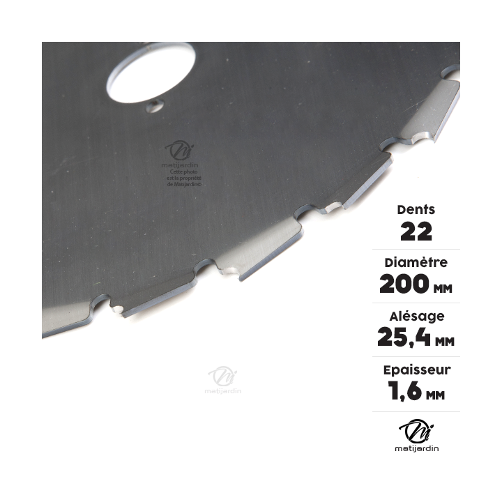 Lame disque 22 dents débroussailleuse. Gouges dentés. Ø 200 mm. Alésage 25,4 mm. Epaisseur 1,6 mm