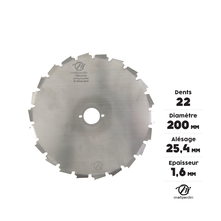 Lame disque 22 dents débroussailleuse. Gouges dentés. Ø 200 mm. Alésage 25,4 mm. Epaisseur 1,6 mm