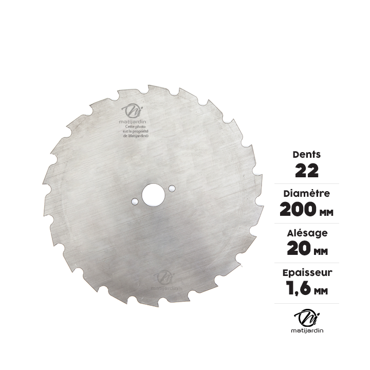 Lame disque 22 dents débroussailleuse. Gouges. Ø 200 mm. Alésage 20 mm. Epaisseur 1,6 mm