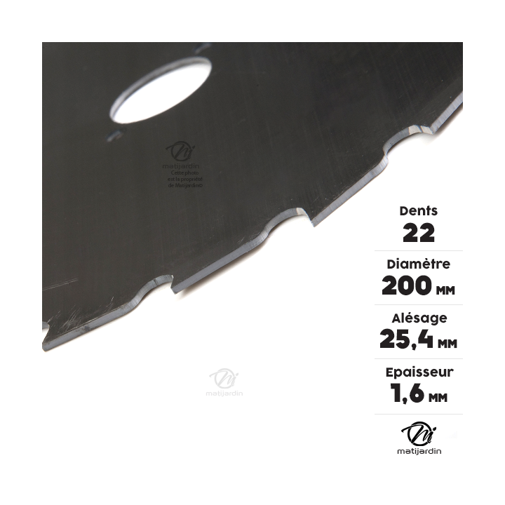 Lame disque 22 dents débroussailleuse. Gouges. Ø 200 mm. Alésage 25,4 mm. Epaisseur 1,6 mm