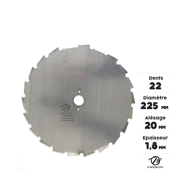 Lame disque 22 dents débroussailleuse. Gouges. Ø 225 mm. Alésage 20 mm. Epaisseur 1,8 mm