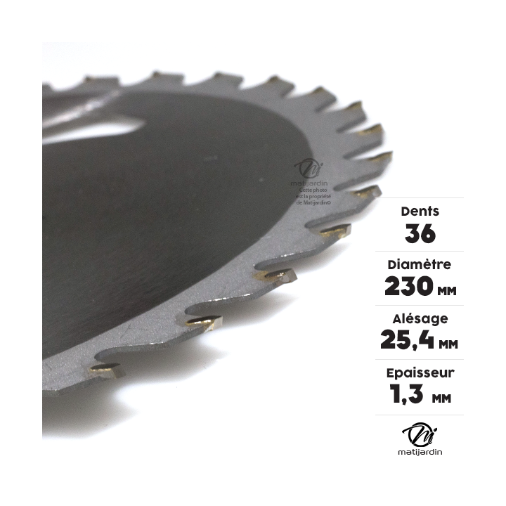 Lame disque carbure tungstène 36 dents débroussailleuse. Ø 230 mm. Alésage 25,4 mm. Epaisseur 1,3 mm