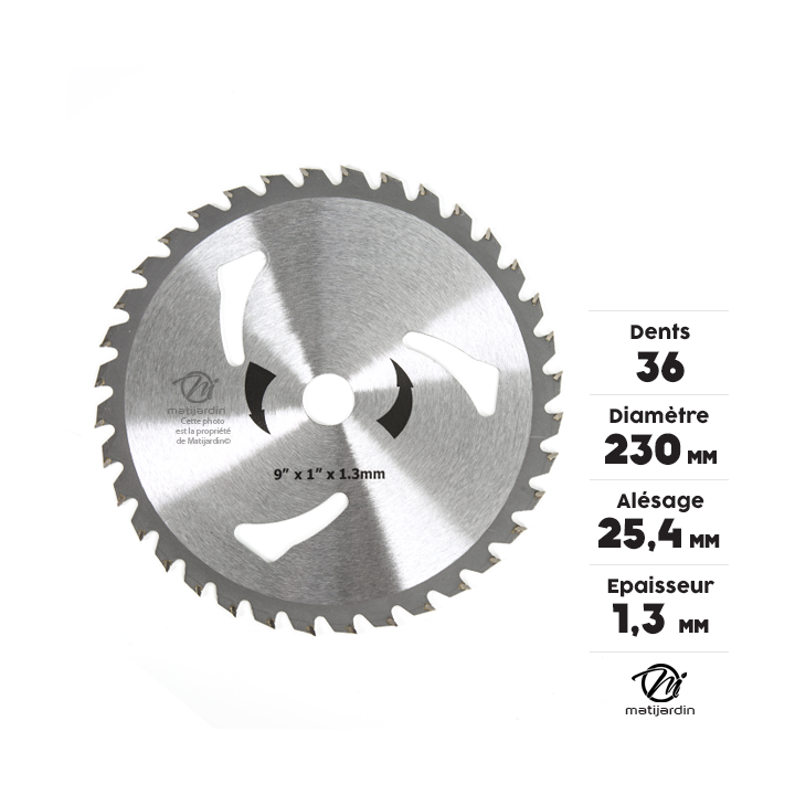 Lame disque carbure tungstène 36 dents débroussailleuse. Ø 230 mm. Alésage 25,4 mm. Epaisseur 1,3 mm