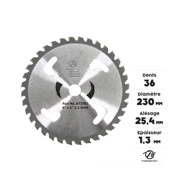 Lame disque carbure tungstène 36 dents débroussailleuse. Ø 230 mm. Alésage 25,4 mm. 4 aérations