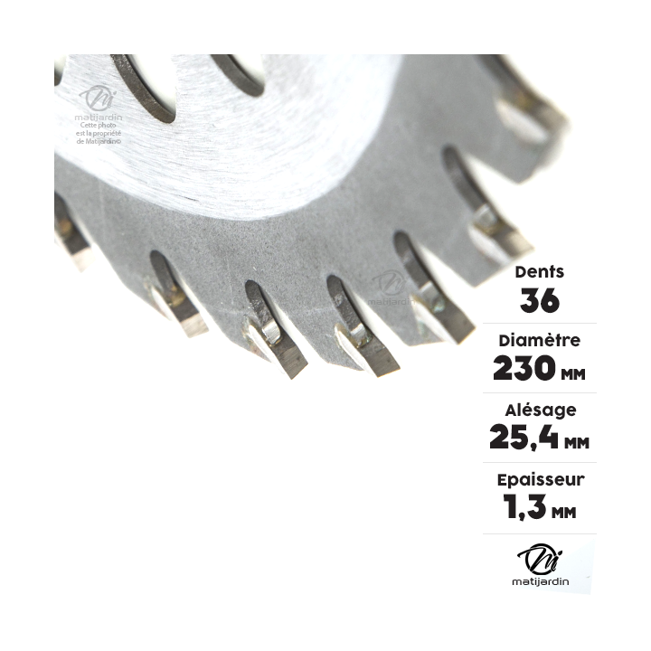 Lame disque carbure tungstène 36 dents débroussailleuse. Ø 230 mm. Alésage 25,4 mm. Multi-aérations