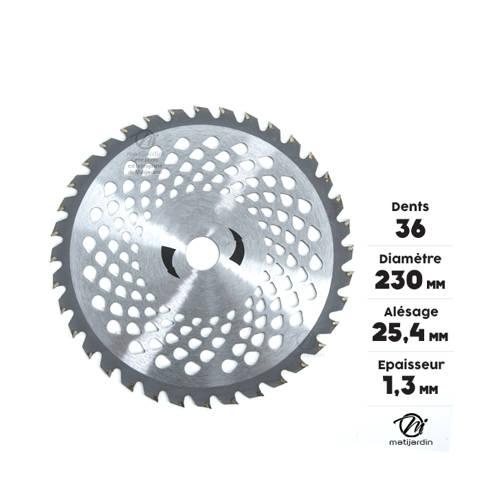 Lame disque carbure tungstène 36 dents débroussailleuse. Ø 230 mm. Alésage 25,4 mm. Multi-aérations