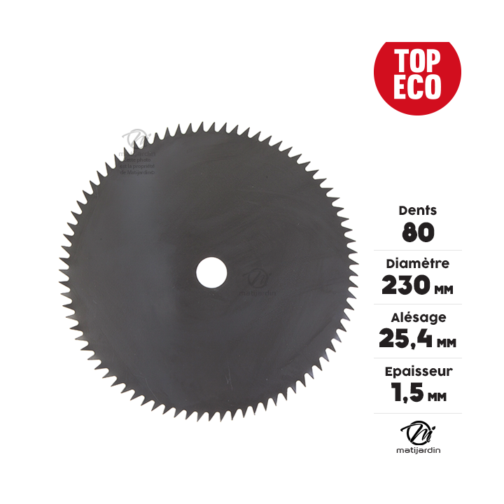 Lame disque 80 dents débroussailleuse. Ø 230 mm. Alésage 25,4 mm. Epaisseur 1,5 mm