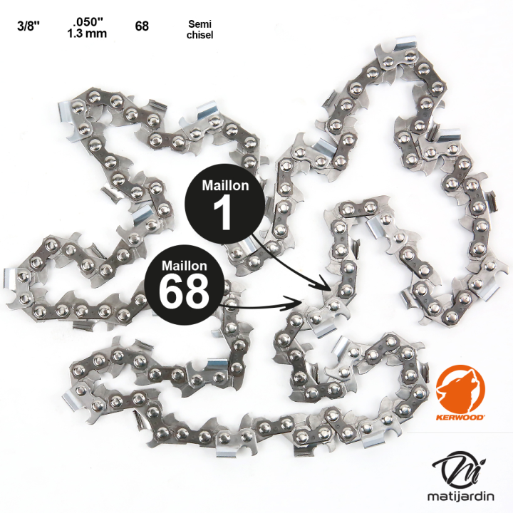 Chaîne Kerwood pour tronçonneuse 3/8" 1,3 mm. 68 maillons. Gouge demi carrée