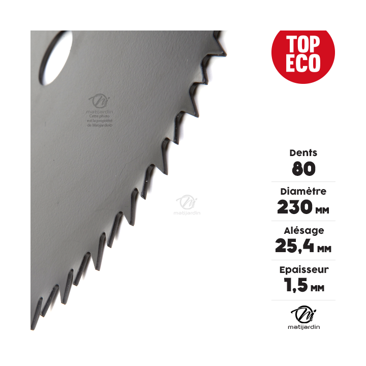 Lame disque 80 dents débroussailleuse. Ø 230 mm. Alésage 25,4 mm. Epaisseur 1,5 mm