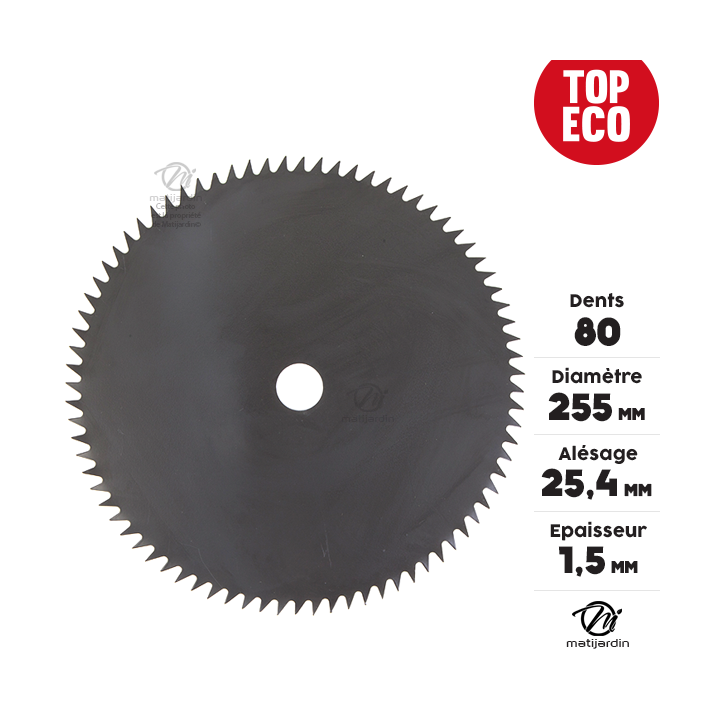 Lame disque 80 dents débroussailleuse. Ø 255 mm. Alésage 25,4 mm. Epaisseur 1,5 mm