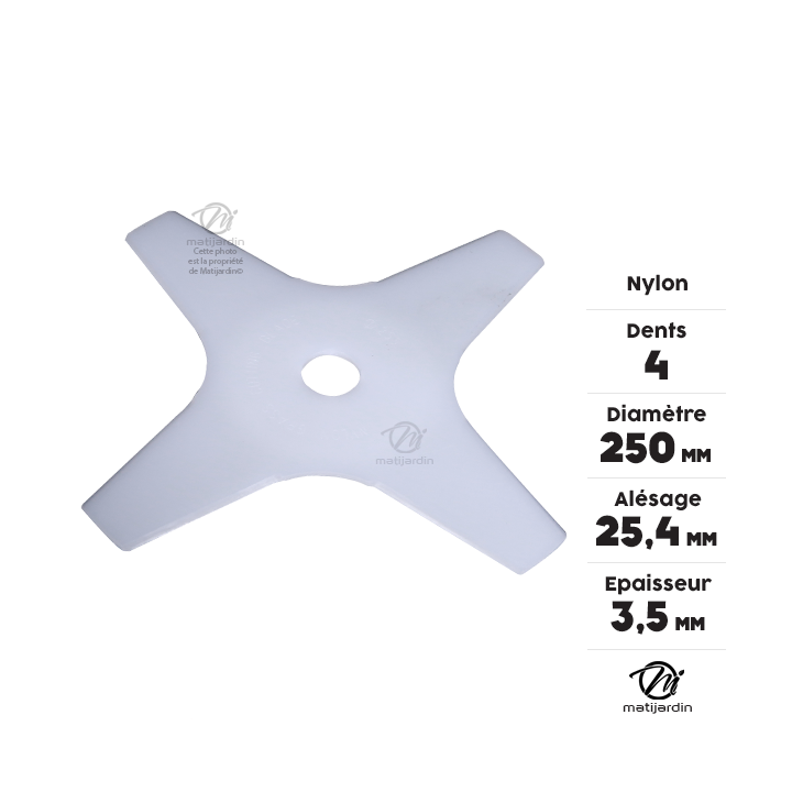 Lame nylon 4 dents débroussailleuse. Ø 250 mm. Alésage 25,4 mm. Epaisseur 3,5 mm