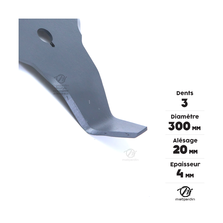 Lame débroussailleuse 3 dents recourbées. Ø 300 mm. Alésage 20 mm. Epaisseur 4 mm