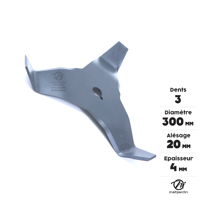 Lame débroussailleuse 3 dents recourbées. Ø 300 mm. Alésage 20 mm. Epaisseur 4 mm