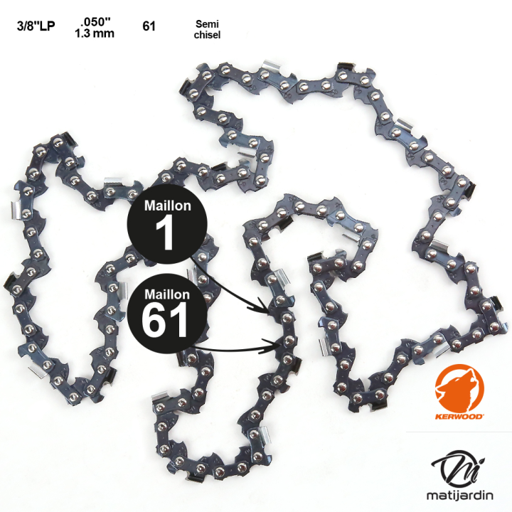 Chaîne Kerwood pour tronçonneuse 3/8" LP 1,3 mm. 61 maillons. Gouge demi carrée
