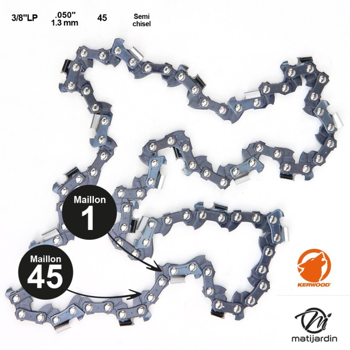 Chaine pour ECHO CS-340 3/8"LP 1,3 mm 45 maillons. Kerwood
