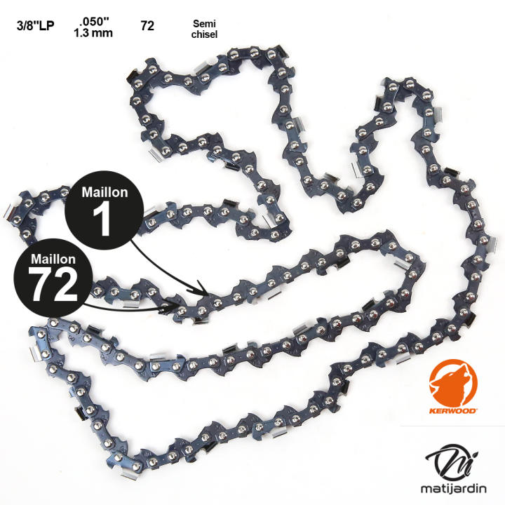 Chaîne Kerwood pour tronçonneuse 3/8" LP 1,3 mm. 72 maillons. Gouge demi carrée
