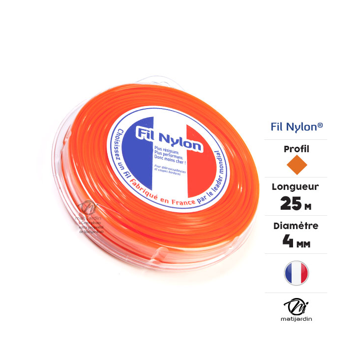 Fil débroussailleuse nylon 4 mm x 25 m. Carré. Orange. Blister