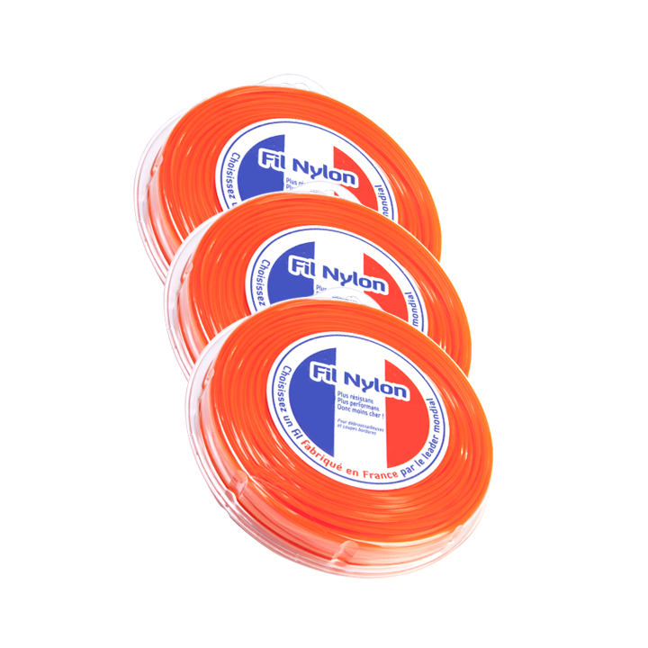 Fil débroussailleuse nylon 4 mm x 25 m. Carré. Orange. Blister. Par 3