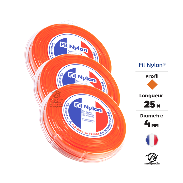 Fil débroussailleuse nylon 4 mm x 25 m. Carré. Orange. Blister. Par 3