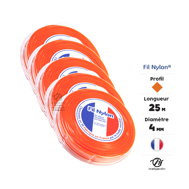 Fil débroussailleuse nylon 4 mm x 25 m. Carré. Orange. Blister. Par 5