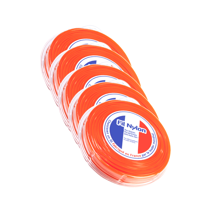 Fil débroussailleuse nylon 4 mm x 25 m. Carré. Orange. Blister. Par 5