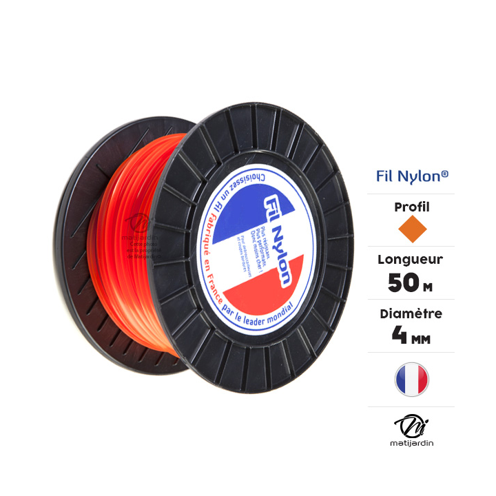 Fil débroussailleuse nylon 4 mm x 50 m. Carré. Orange. Bobine