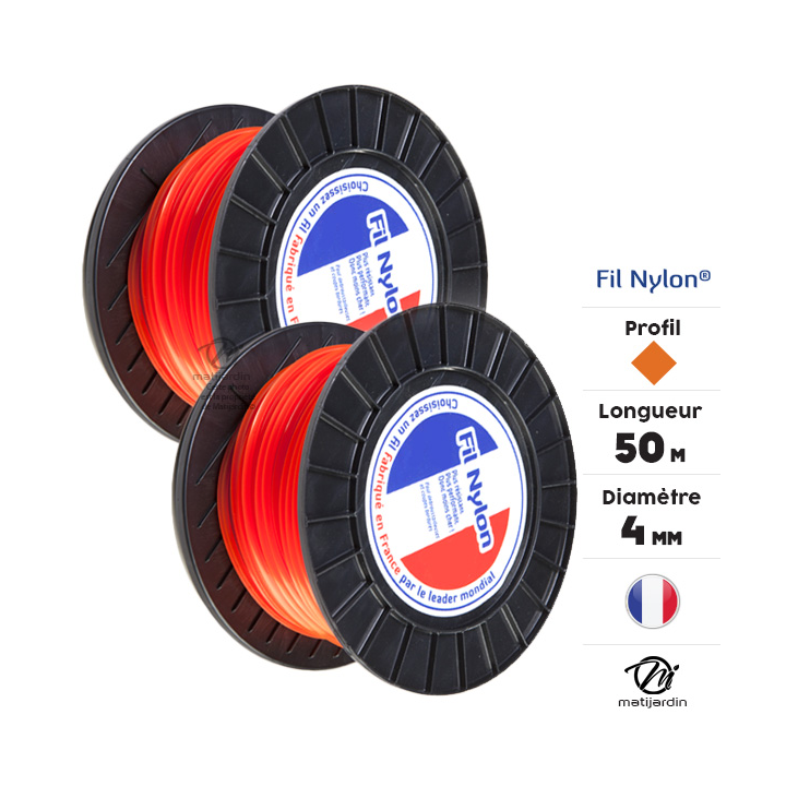 Fil débroussailleuse nylon 4 mm x 50 m. Carré. Orange. Bobine. Par 2