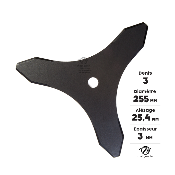 Lame 3 dents débroussailleuse. Ø 255 mm. Alésage 25,4 mm. Epaisseur 3 mm