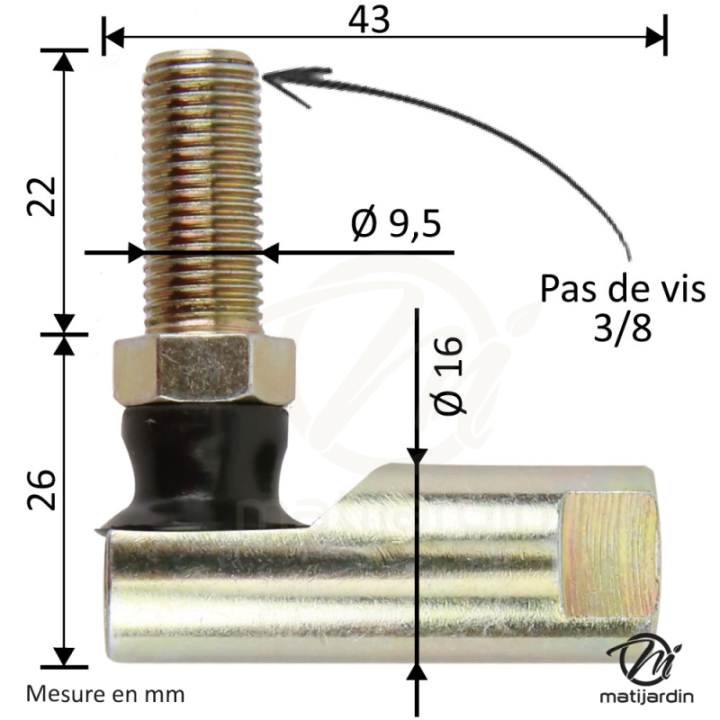 Rotule mâle de direction pour tondeuses autoportées. Filetage Ø 9,5 mm