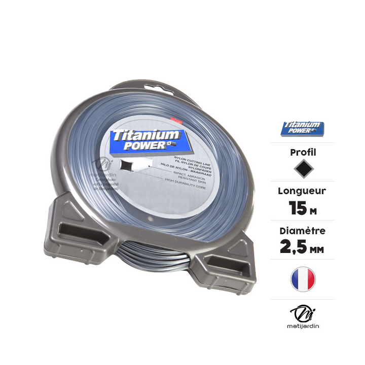 Fil débroussailleuse Titanium 2,5 mm x 15 m. Carré. Bi-matière. Blister