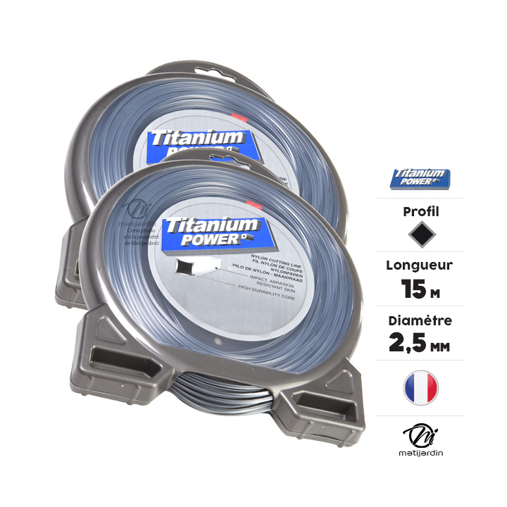 Fil débroussailleuse Titanium 2,5 mm x 15 m. Carré. Bi-matière. Blister. Par 2