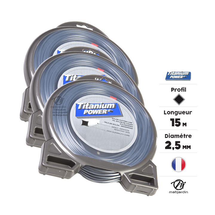Fil débroussailleuse Titanium 2,5 mm x 15 m. Carré. Bi-matière. Blister. Par 3