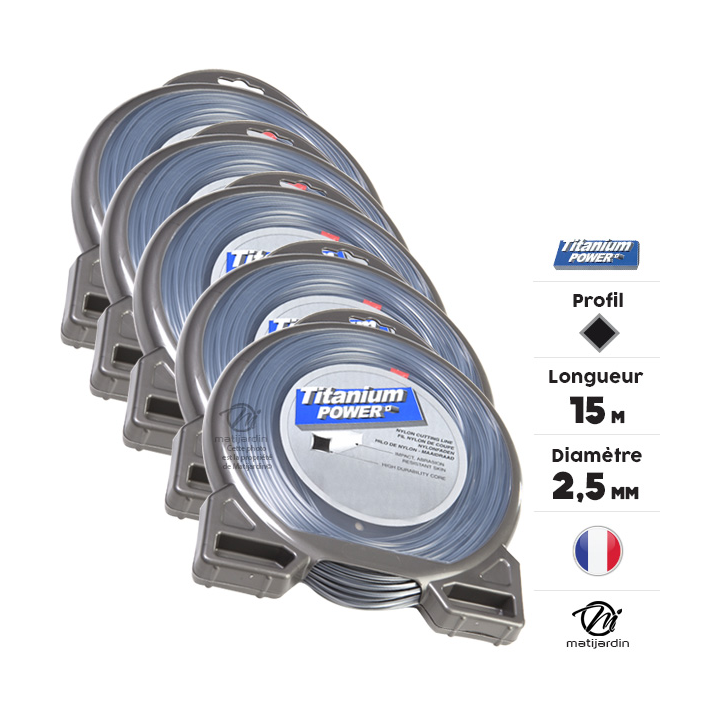 Fil débroussailleuse Titanium 2,5 mm x 15 m. Carré. Bi-matière. Blister. Par 5