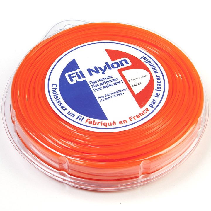 Fil nylon 2,4 mm x 69 m. Carré. Orange. Blister. Fil débroussailleuse