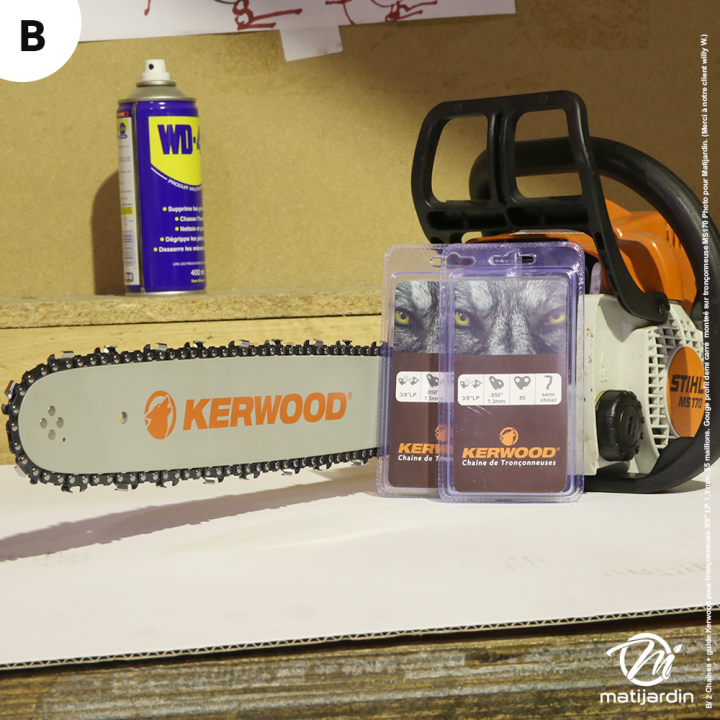 Chaîne Kerwood pour tronçonneuse 3/8" LP 1,3 mm. 55 maillons. Gouge demi carrée