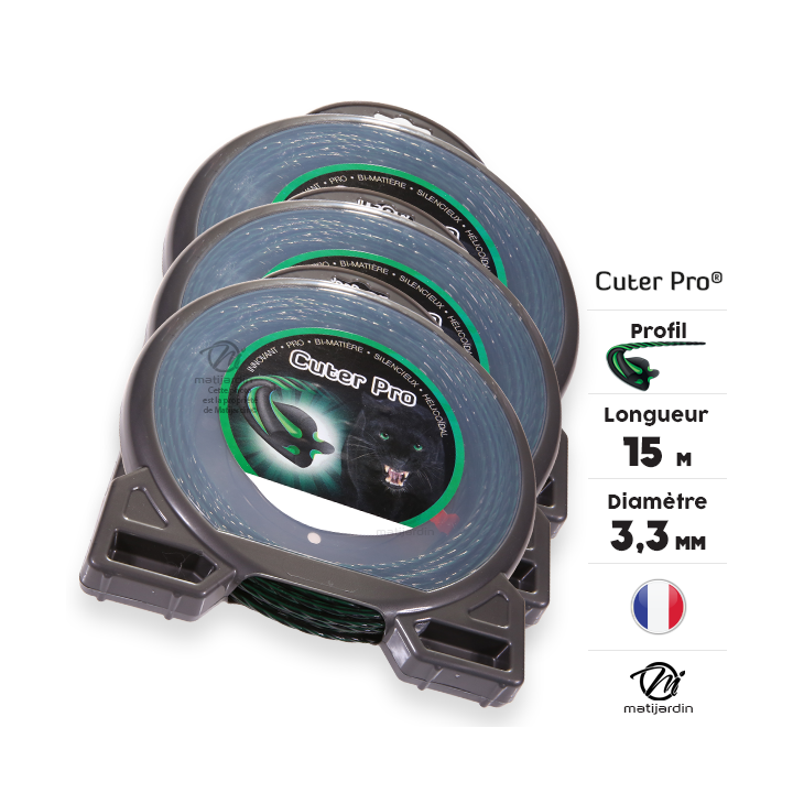 Fil débroussailleuse nylon Cuter'Pro 3,3 mm x 15 m. Hélicoïdal. Blister. Par 3