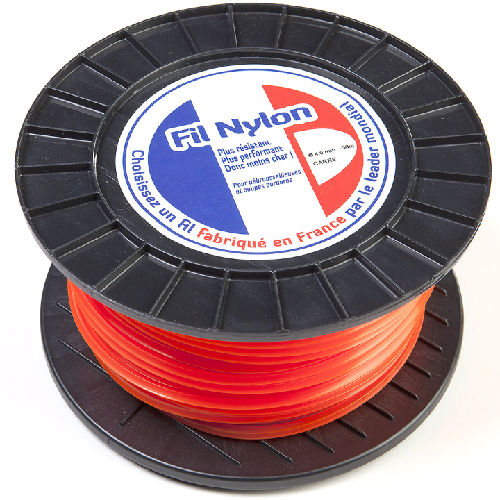 Fil débroussailleuse nylon 4 mm x 50 m. Carré. Orange. Bobine