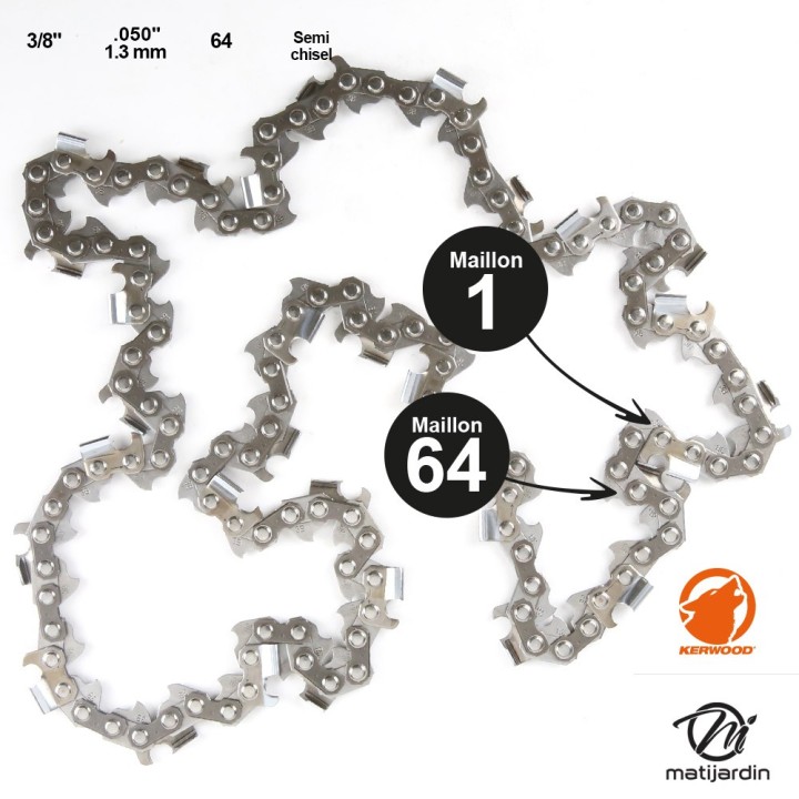 Chaîne Kerwood pour tronçonneuse 3/8" 1,3 mm 64 maillons. Gouge profil demi carré