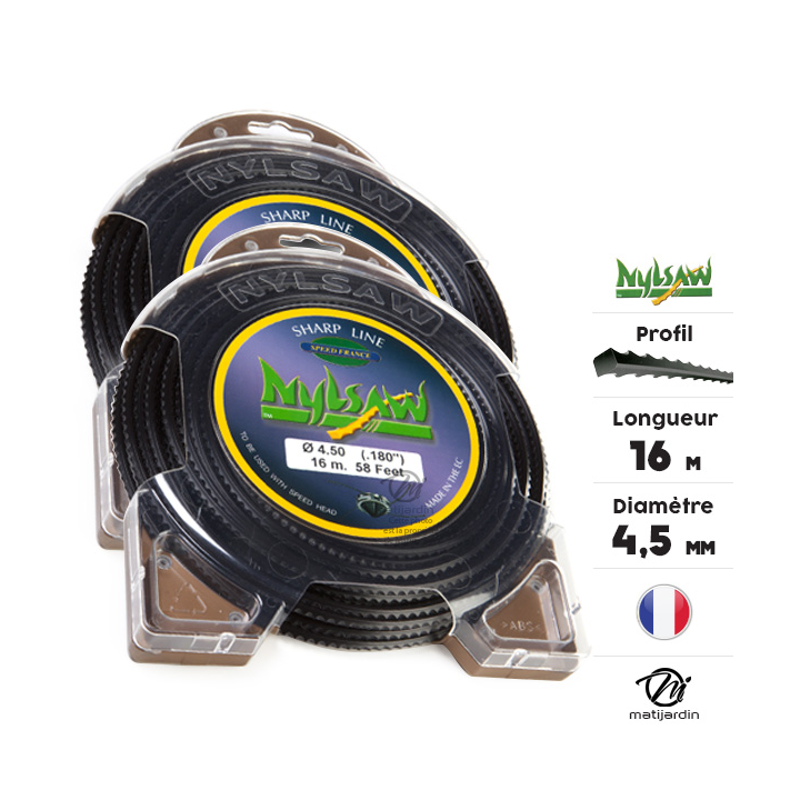 Fil débroussailleuse nylon Nylsaw 4,5 mm x 16 m. Cranté. Blister. Par 2