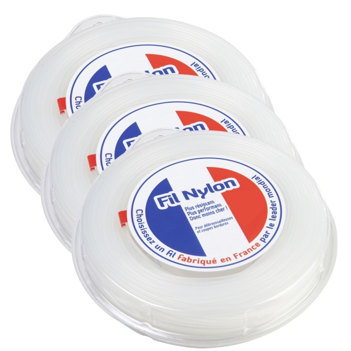Fil nylon 2,4 mm x 90 m. Rond. Blanc. Blister. Par 3. Fil débroussailleuse