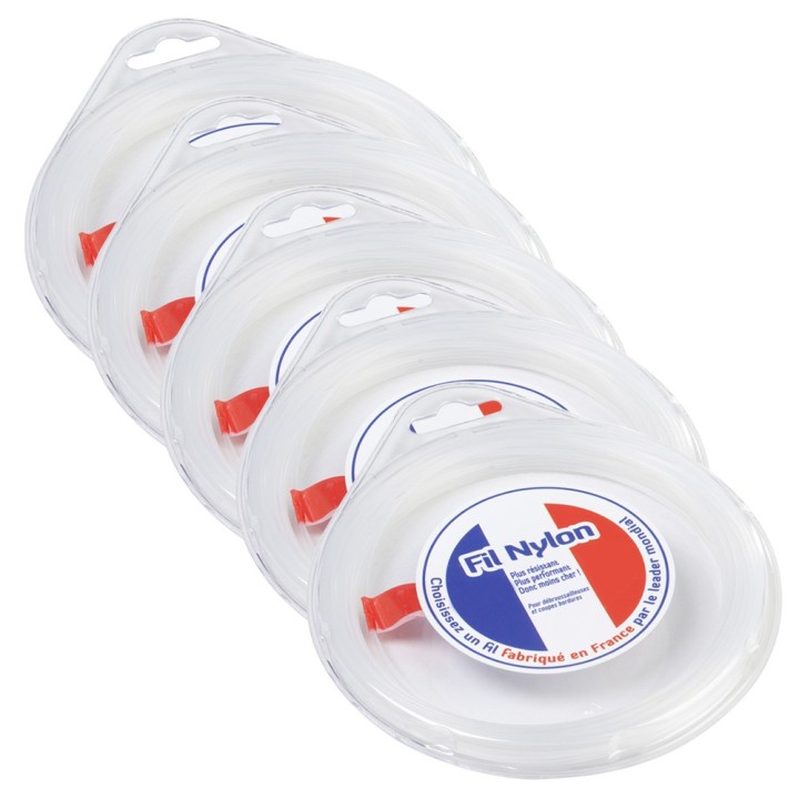 Fil nylon 1,6 mm x 15 m. Rond. Blanc. Blister. Par 5. Fil débroussailleuse