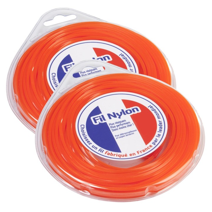 Fil nylon 2,4 mm x 15 m. Carré. Orange. Blister. Par 2. Fil débroussailleuse